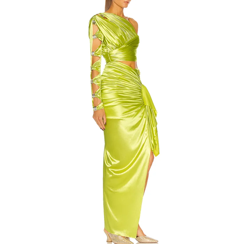 ruffle neon green one shoulder long sleeve satin elegant party long dress evening plain dresses women