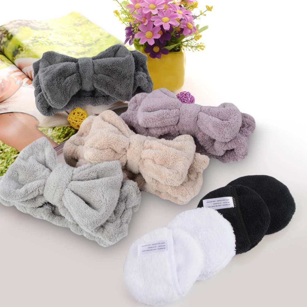 Microfiber Reusable Makeup Remover Pads And Spa Facial Headband Make Up Wrap Head Face Skin Care Cleansing Tool