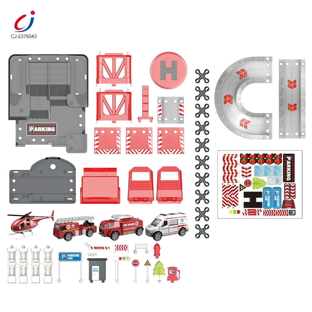 Chengji Safety Diy Assemble Building Blocks Sets Plastic Parking Lot Garage Kids Fire Pumping Toy Fire Station