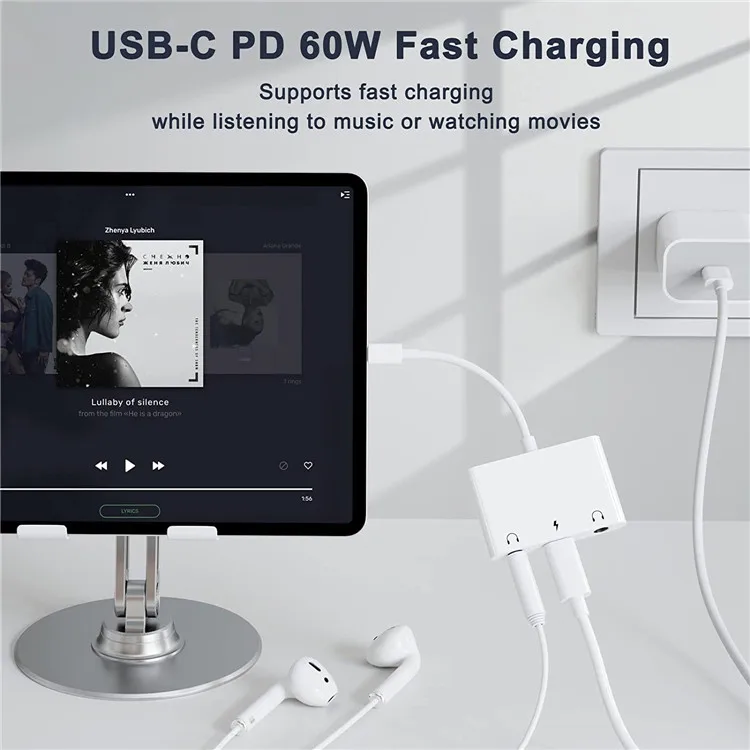 USB C to 3.5mm Audio Adapter, 3 in 1 Aux to USB C Headphone Splitter Dual 3.5mm Audio Jack and PD 60W Fast Charging