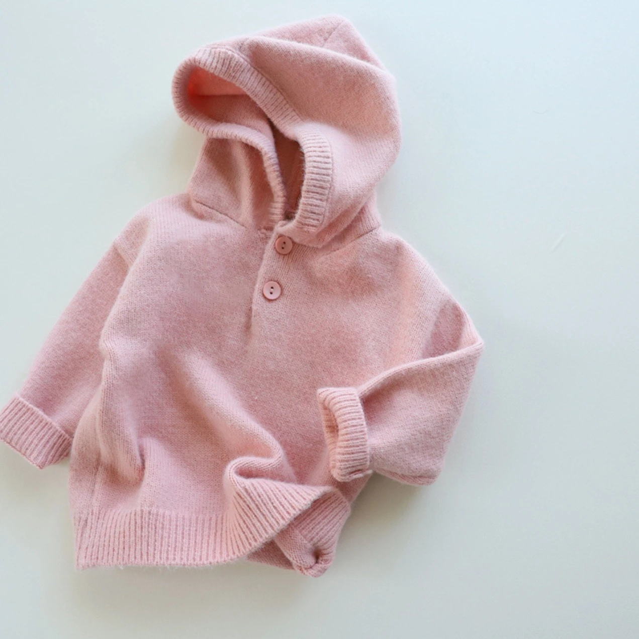 Little Girls Simple Solid Color Hooded Knitted Sweater Customized 2024 Soft Waxy Pullover Long Sleeve Sweater