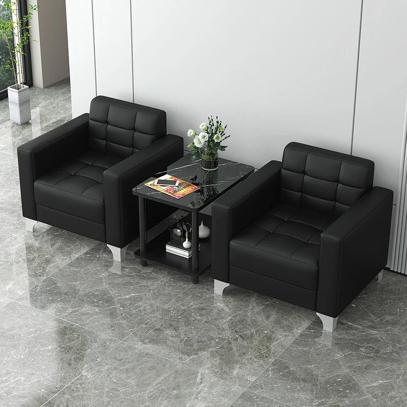 Black Office Business Reception Room Lounge Square Single Seat Leather Sofa Tea Table Set