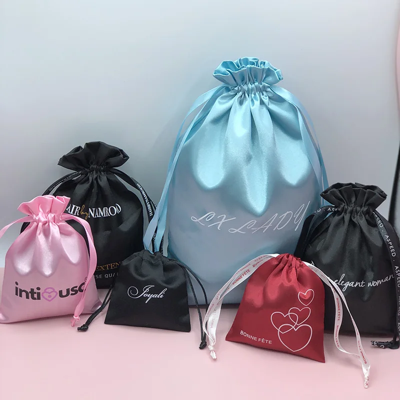 Custom Logo Extensions Satin Pouch Packaging Black Dust Makeup Gift Clothing Drawstring Wig Hair Satin Bag