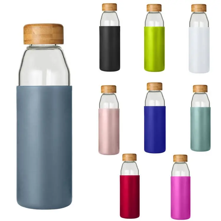 most popular products fridge water bottle bamboo lid glass cup with silicone sleeve