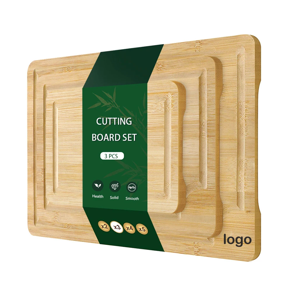 HANHE Custom logo double sided Kitchen meat vegetable Chopping Board Wood Bamboo Cutting Board Set with Deep Juice Groove