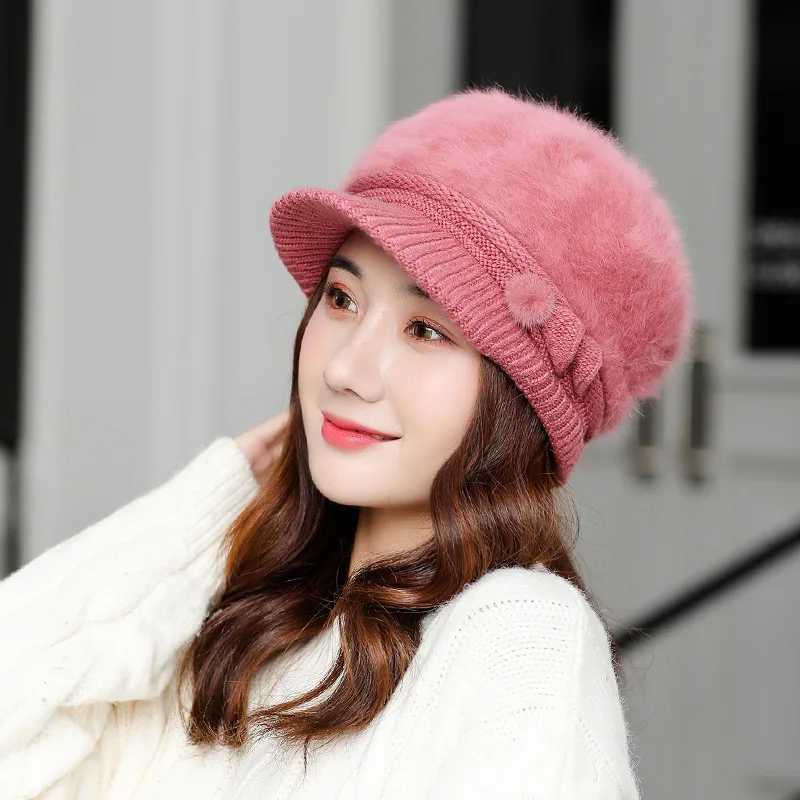 2021 Autumn And Winter Ladies Warm Hat Knitted Hat Custom Logo Rabbit Fur Hat