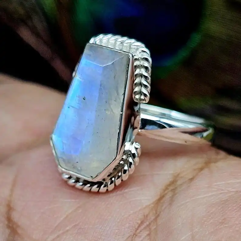 Rainbow Moonstone Coffin Ring 925 Sterling Silver Ring Women Rainbow Moonstone  June Birthstone Ring Coffin Gemstone