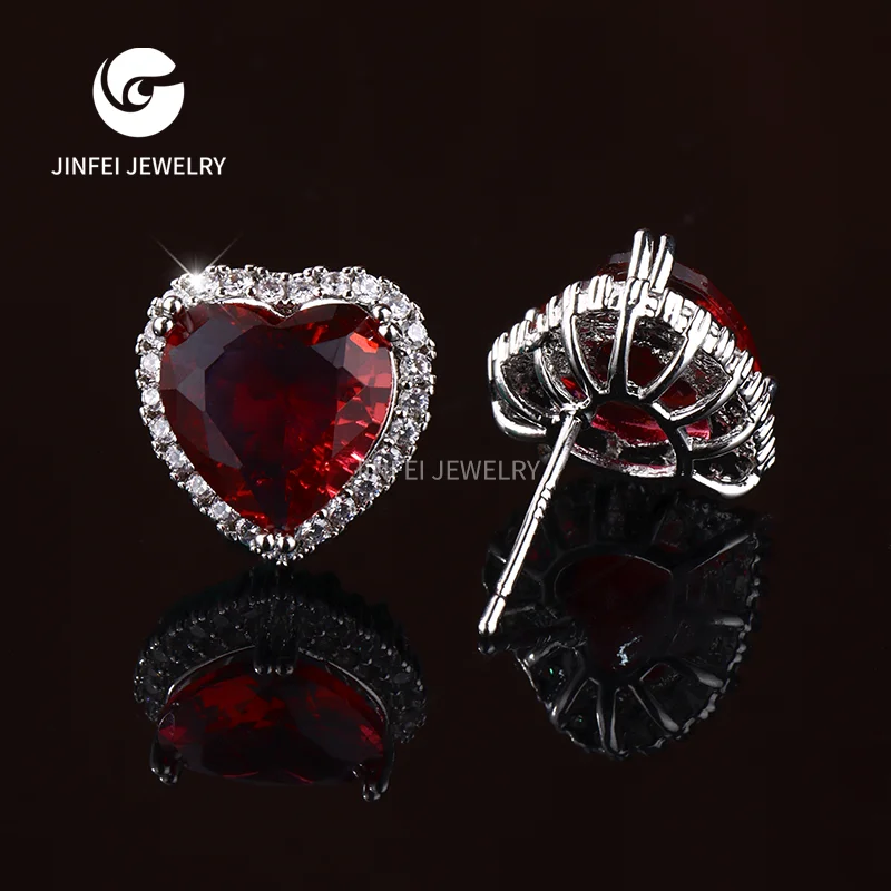Hot Sale Red heart Shape Large Gemstones Ear Stud Silver Plated Jewelry Earrings