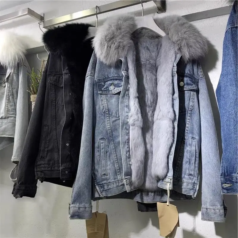 autumn winter new fashion fur jean jacket women denim coat fur lining vintage casual jacket