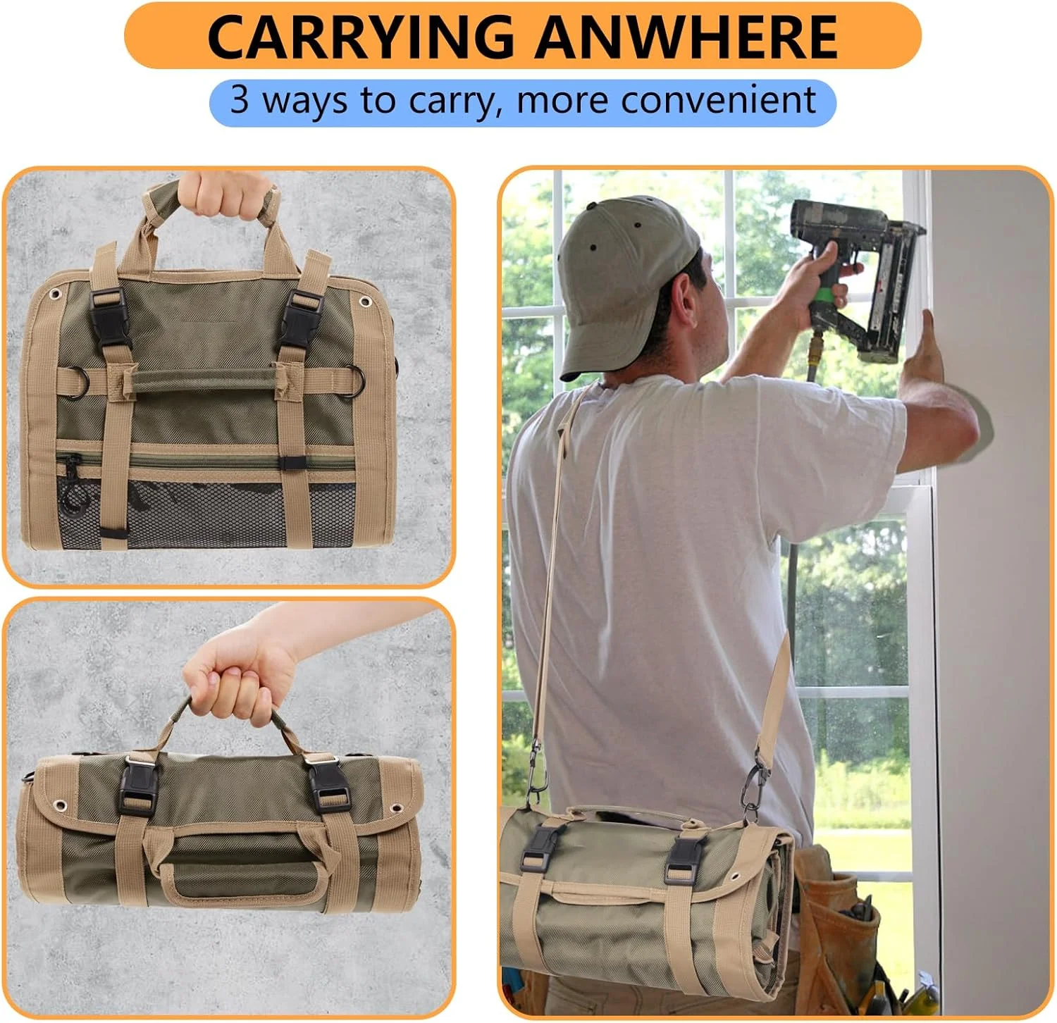 Large Detachable 3-Pouch Electrician Heavy Duty Organizer 14-Pocket Wrench Tool Roll Bag & 2 Small Storage Bags Gift Men/Dad/Him