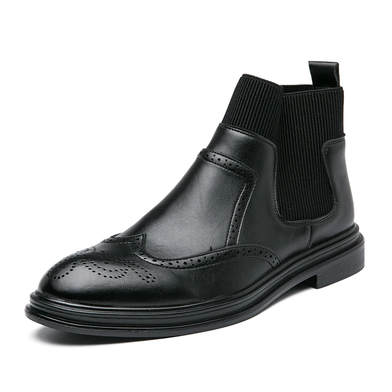 
7520 Black British Style Sock Design Winter Leather Chelsea Boots Men 