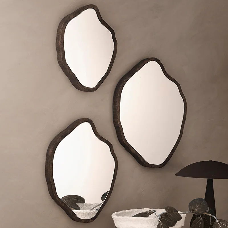 Vintage Wood luxury irregular wall mirror aesthetic mirror set of 3 in high quality for home interior luxury decoration