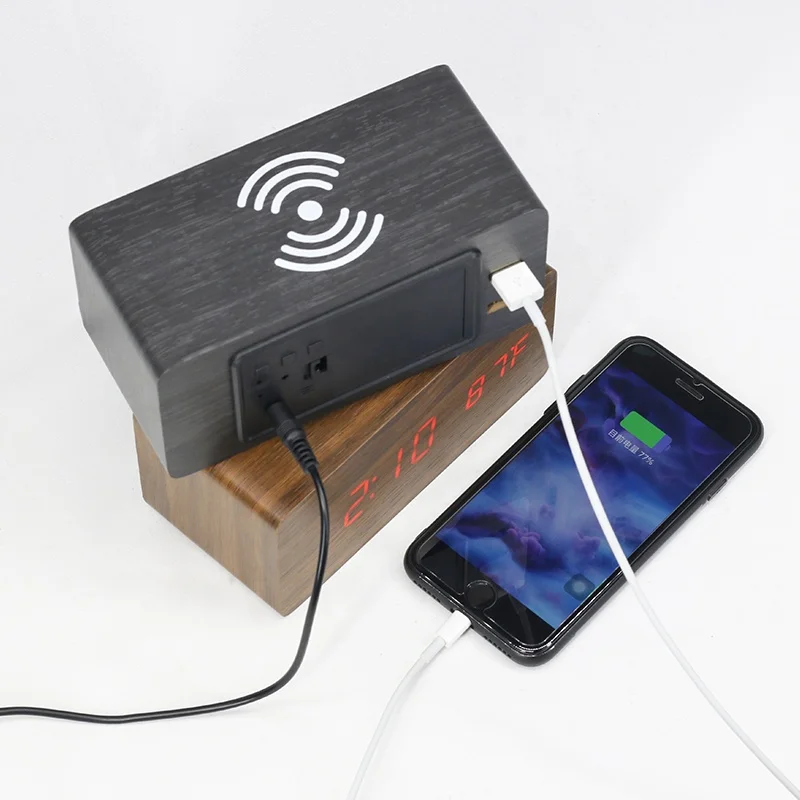 KH-WC028 LED Digital Alarm Clock Wood Phone Qi Wireless Charger with 2 USB Port Hub
