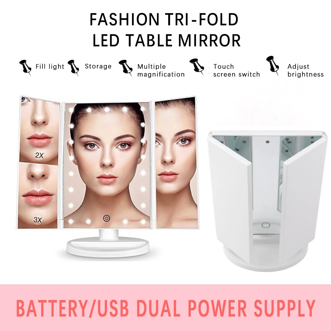 PRITECH Single Side Plastic Square Folding  Desktop Portable Led Makeup Mirror