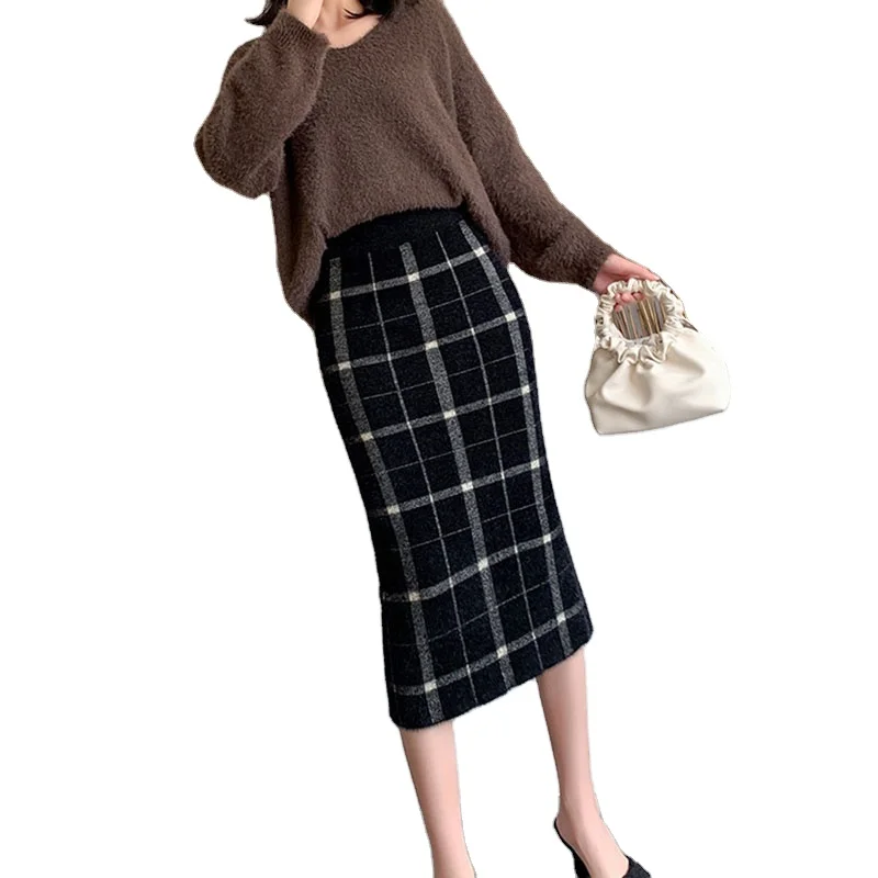 New Womens Winter Fashion Grid Knitting Pattern Wool Plus Size Skirt Dress Lady Warm Pencil Split Maxi Skirt