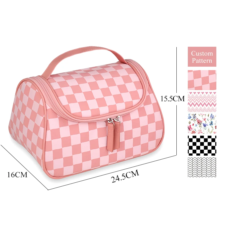 OEM Ciffnoo NO.10656 pink checkered printed Large capacity makeup storage nylon cosmetic bag with logo