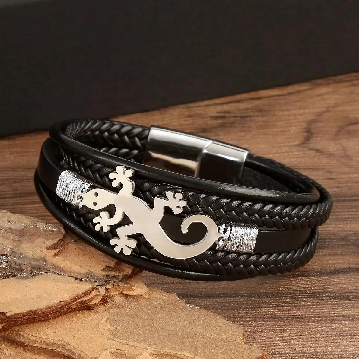 New cross-border European and American lizard leather braided bracelet male stainless steel accessories magnet jewelry female ma