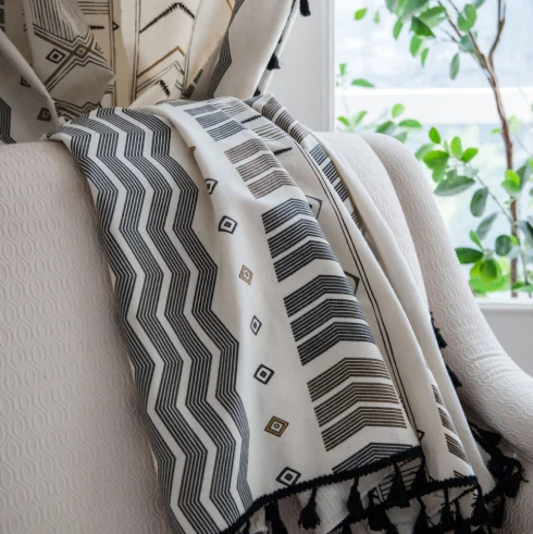 Spring and autumn beige cotton linen printed curtain finished American Rural Bohemian kitchen curtain