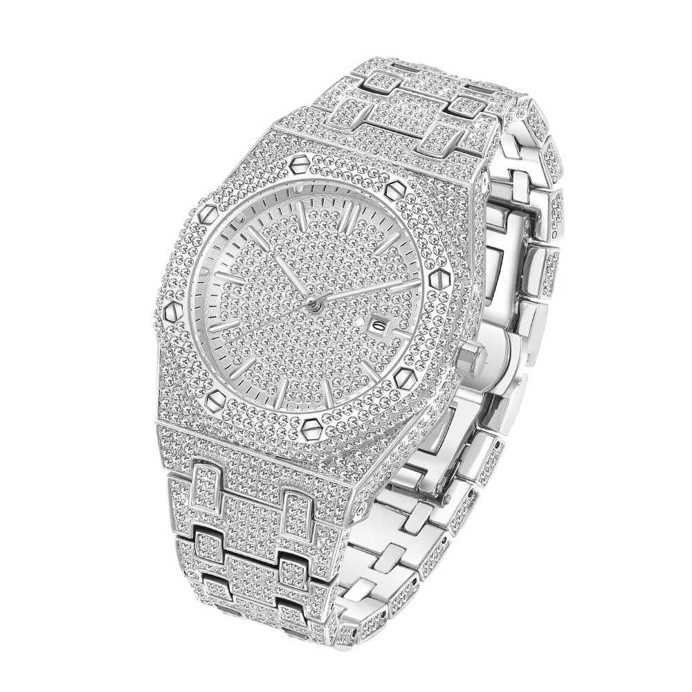 New  Watch For Men Luxury Full Diamond Silver Quartz Wristwatch Hip Hop Iced Out Waterproof Watches Custom