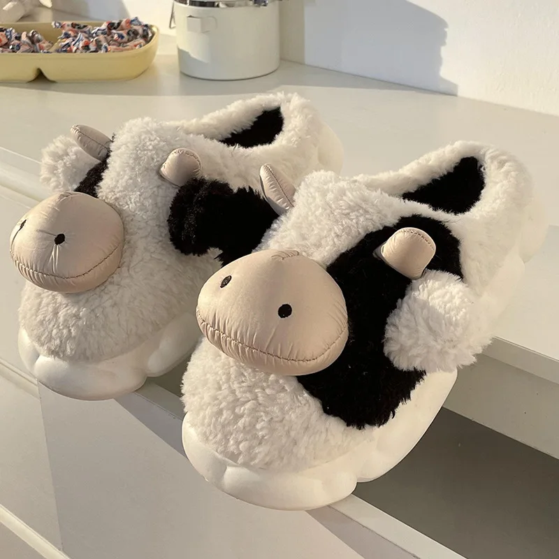 Korean Version Casual Cute Cartoon Milk Cow Cotton Female Winter Students Home Non-Slip Warm Wool Plush Slippers Shoes