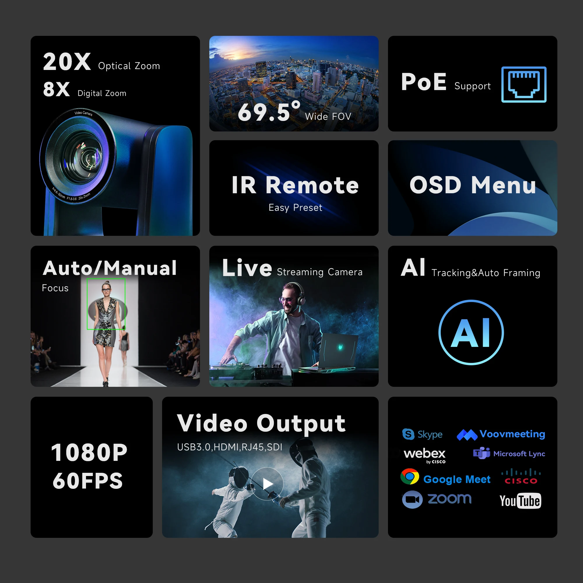 NDI Auto tracking 20x Zoom 1080P 60fps USB HDMI POE SDI live streaming PTZ Conference Camera