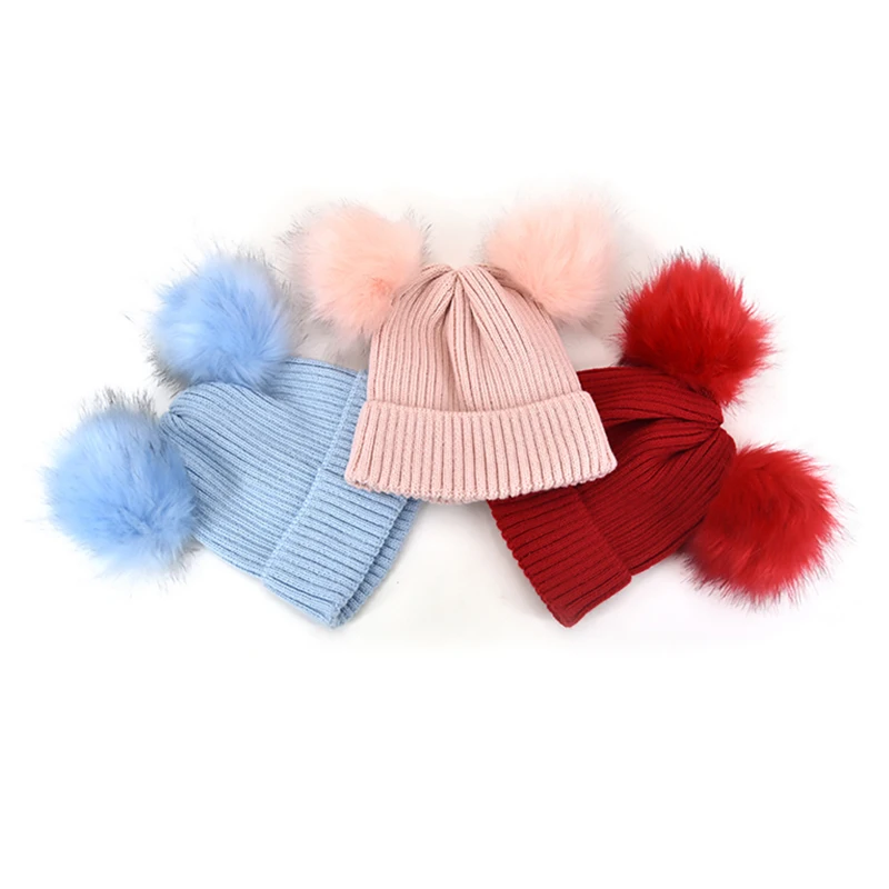 Wholesale Winter Kids beanie Knitted Double Faux Fur Pom Pom Beanies Custom Baby toddler Hats cap