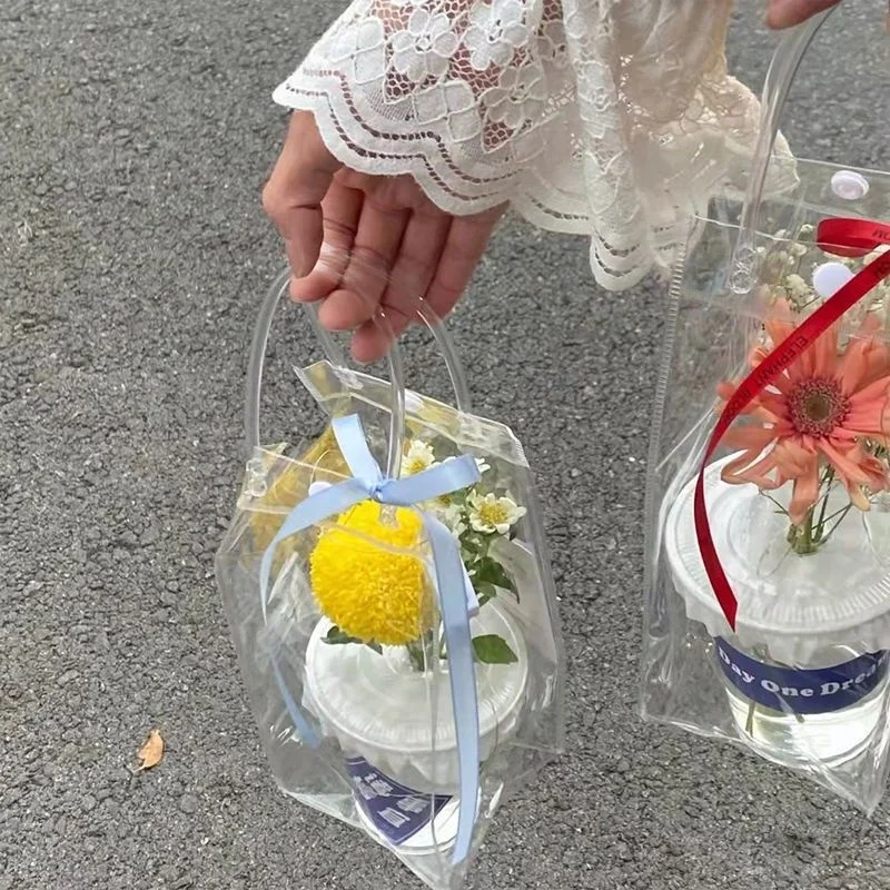 Influencers Tools Fresh Flowers Cup Take Away Pvc Bag with Bowknot Transparent