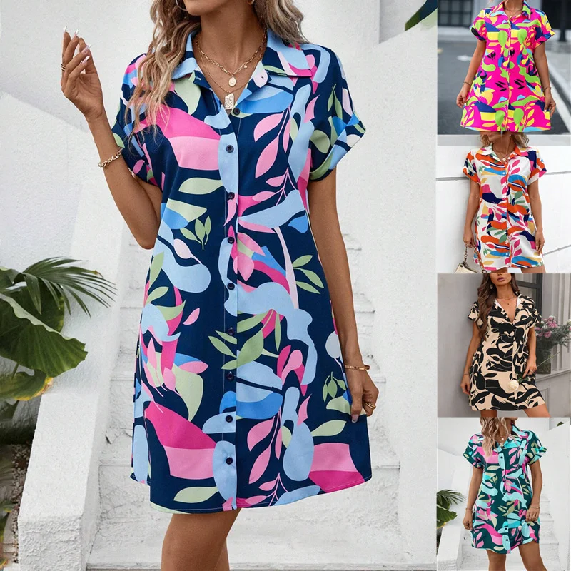 Wholesale 2024 Summer New Fashion Colorful Flower Printed Cardigan Short Sleeve Lined Dress Casual Shirt Dress
