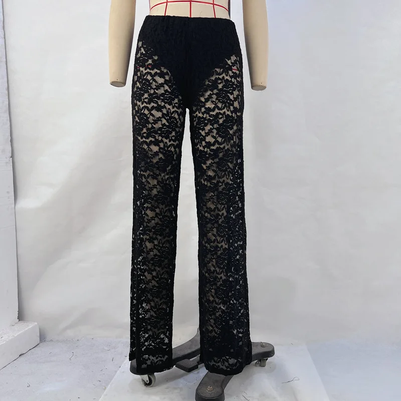 PB  Summer hot new product sexy versatile lace see-through high-waisted spliced long straight pants for women