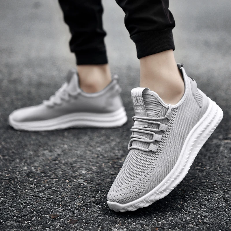 grey casual shoes lace up men fly knit shoes lightweight comfortable breathable walking sneakers tennis