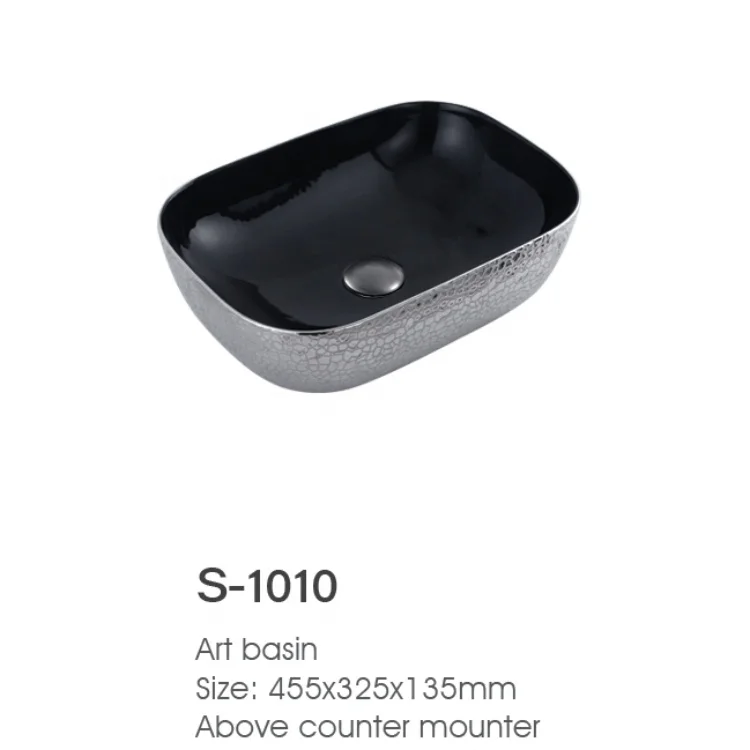 Chaozhou cheap price Luxury Black Ceramic gold-plated Lavatory Art Wash Basin Rectangle Thin Edge Bathroom vessel sink S-1007