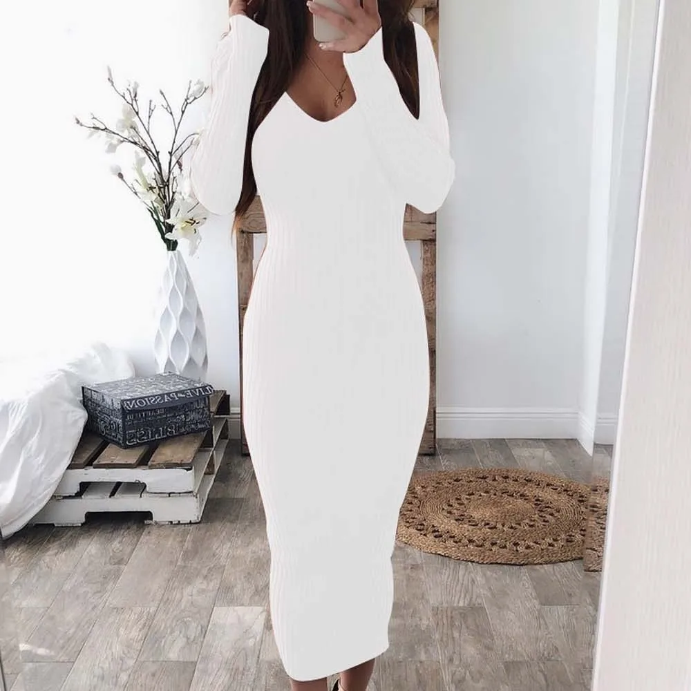 
Women Long Sleeve V Neck Ribbed Knit Bodycon Long Dress 
