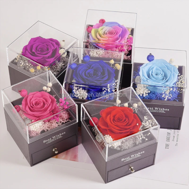 Wholesale Custom Transparent Box with Drawer and Necklace Real Eternal Preserved Roses In Acrylic Jewelry Box