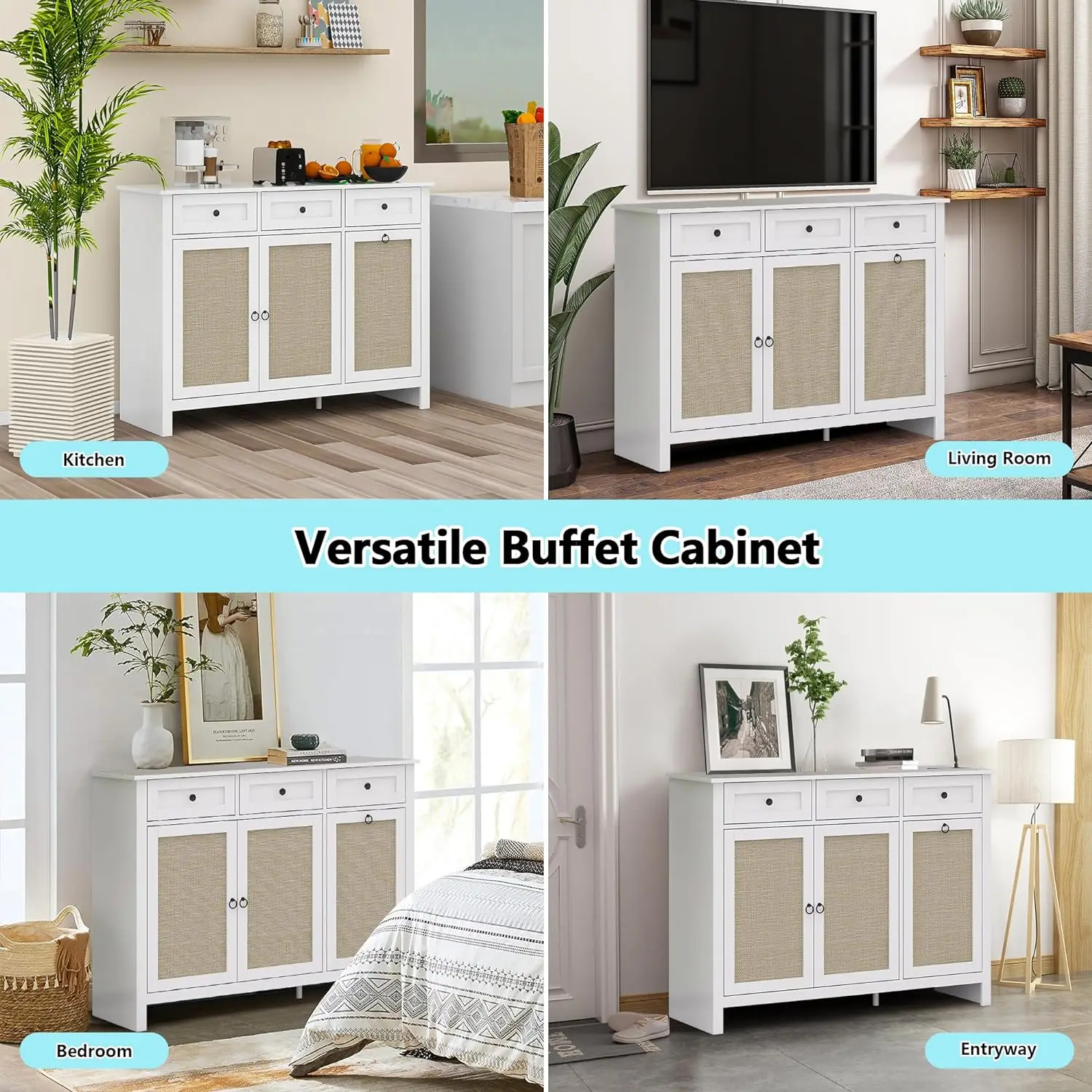 Tilt Out Trash Cabinet Rattan Kitchen Trash Can Cabinet with 3 Drawer and 2 Door Wooden Freestanding Storage Cabinet for Kitchen