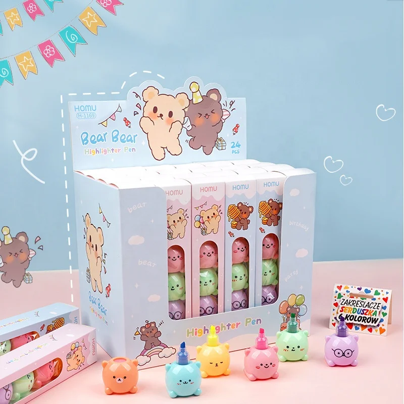 School children stationery 5 colorful cute kawaii bear mark highlighter pen