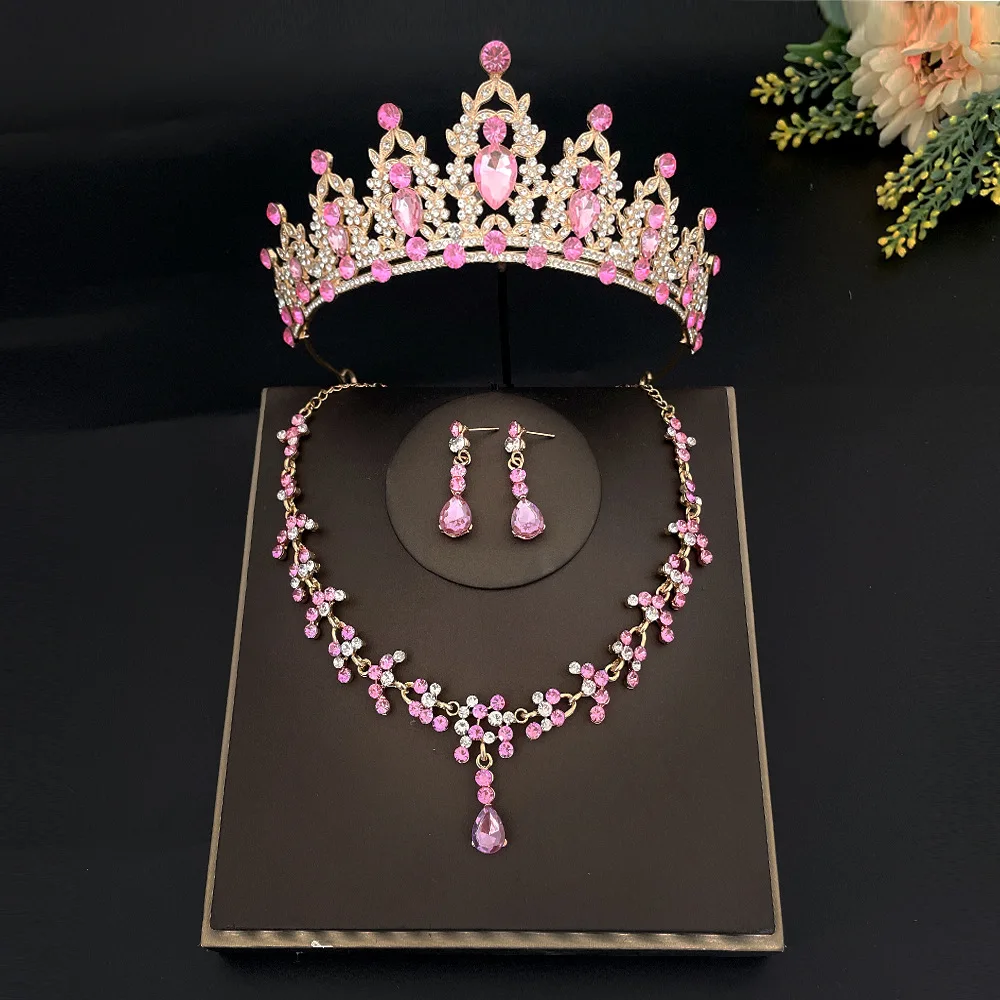 Bride Colorful Crystal Wedding Tiara Three-piece Bridal Necklaces Earrings Rhinestone Jewelry Sets
