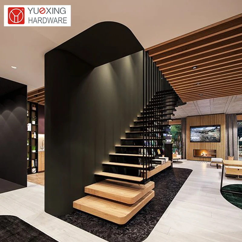 Customizable Aesthetic: Floating Staircase with Gold Metal Trim and Glass Metal Railing