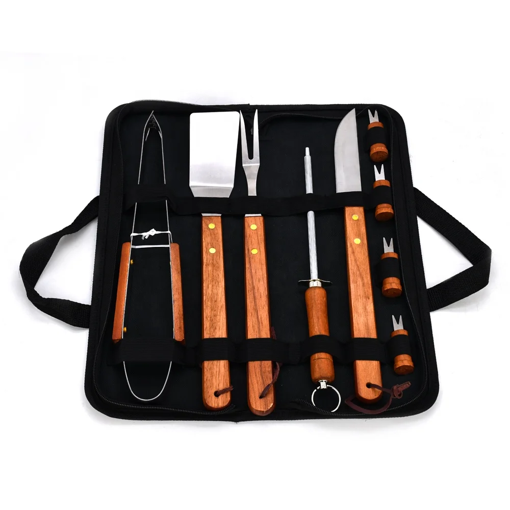 Outdoor Portable  10PCS  Wooden Handle Cookware BBQ Tool Set With Carry Bag For BBQ Kit Corn Holder