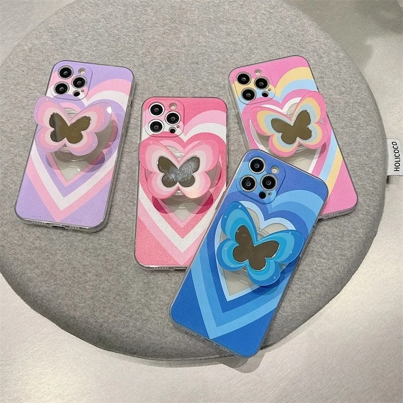 Pink Love Heart Holder Stand soft clear phone case for iPhone 13 11 12 Pro Max XR X XS Max 7 8 Plus Mirror Cute Butterfly Cover
