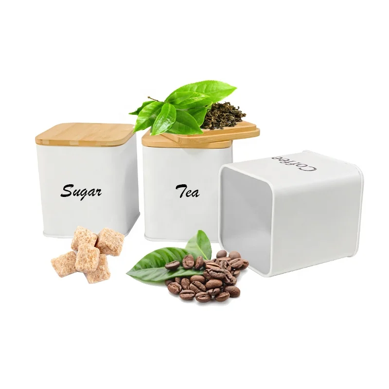 Food Safe Vintage Farmhouse Kitchen Countertop Storage Metal Bread Bin Tea Coffee Sugar Canister Set Bamboo Lid White Bread Box