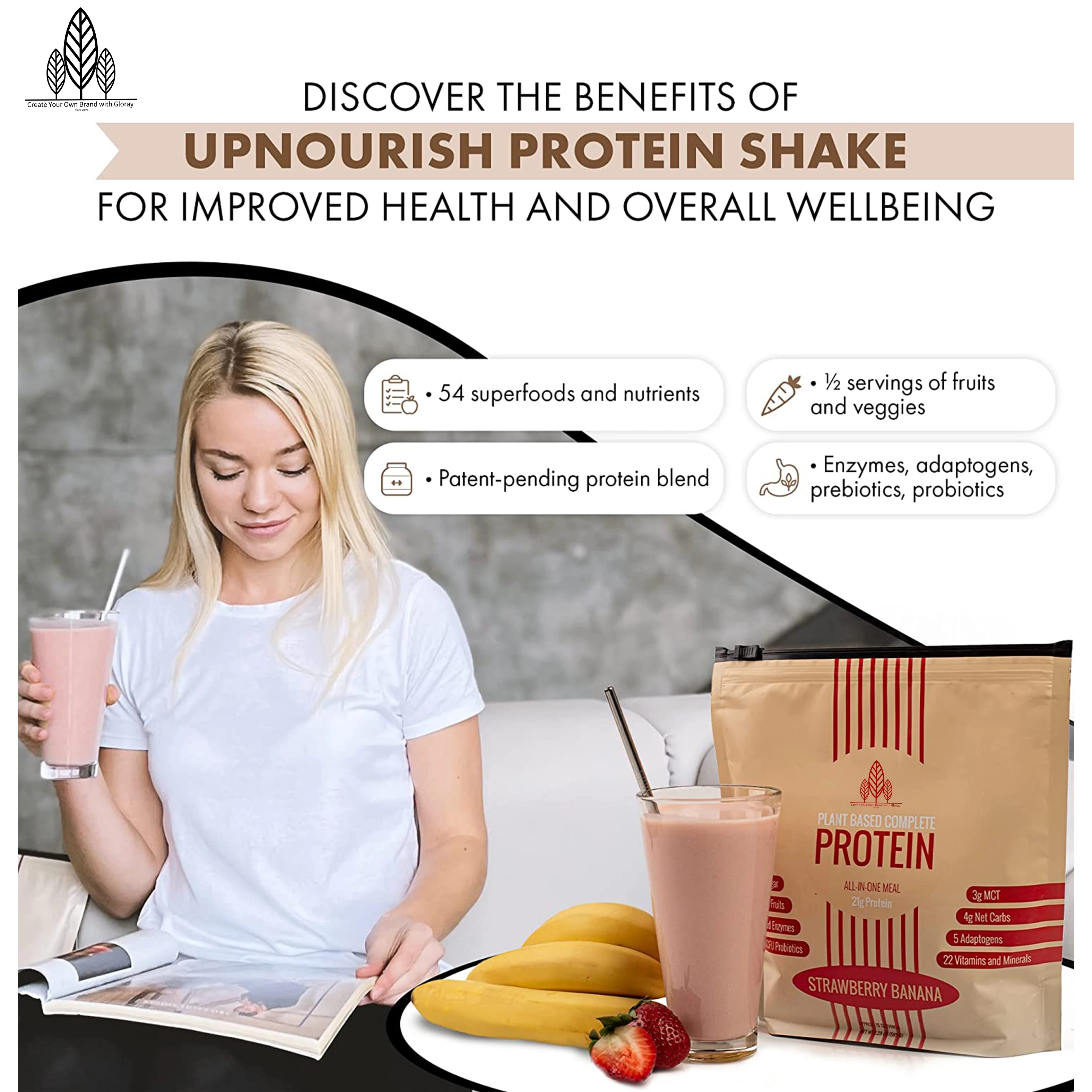 Plant Based Protein Shake Strawberry Banana Dairy Free Protein Powder Vegan Meal Replacement Shake Rice & Pea Protein Low Carb