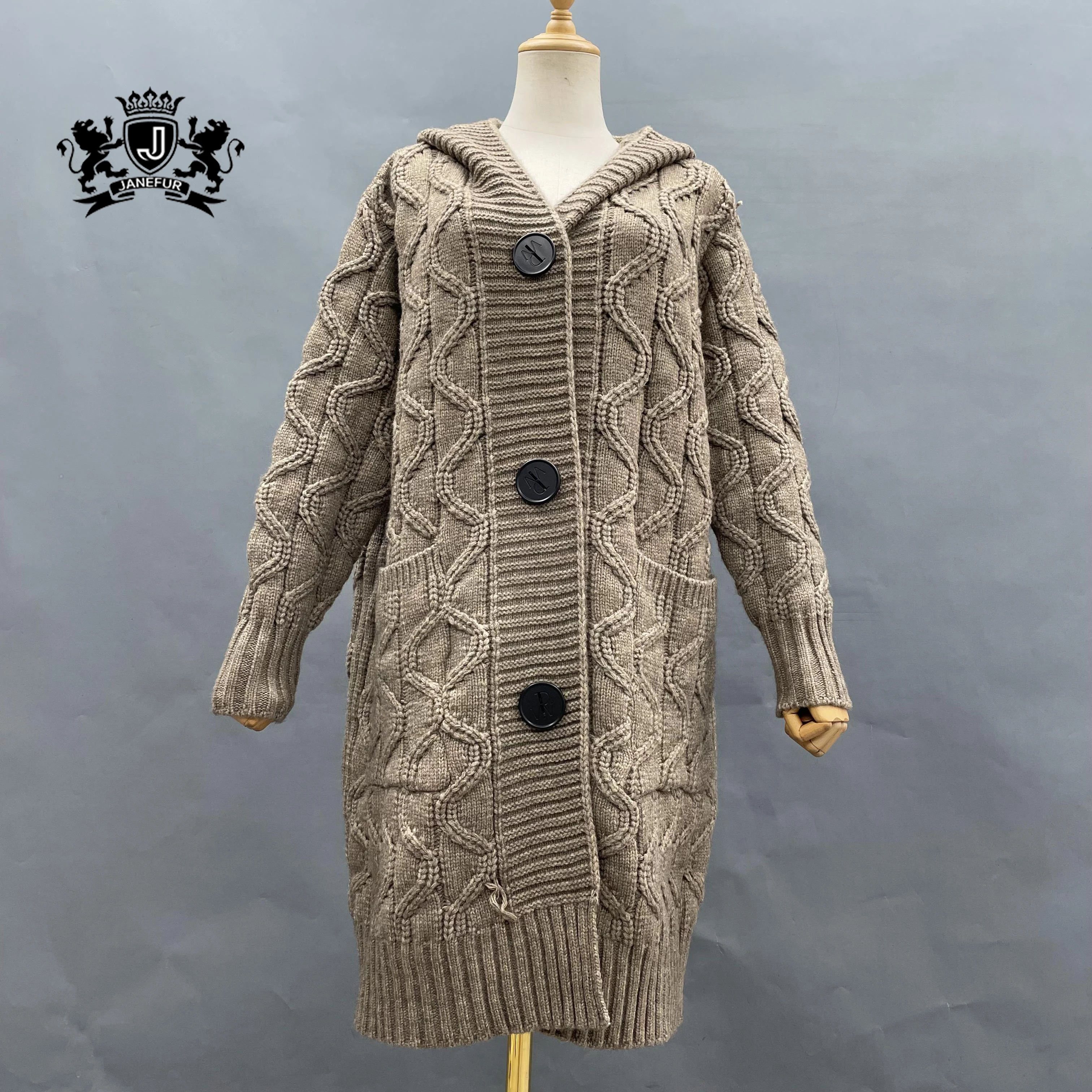 Women Wholesale Trendy Long Loose Style Wool Knitted Cardigan Sweater Comfortable Soft Hooded Knit Cardigan Sweater