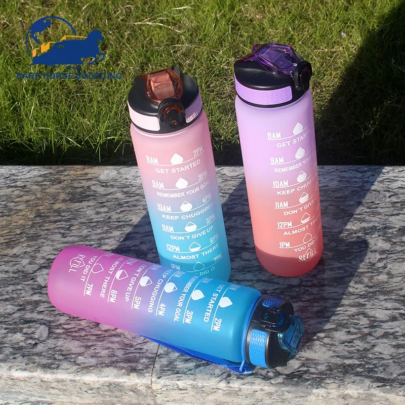 1 Liter BPA Free gradient color Plastic motivational bottle water gym water bottles for sports with straw