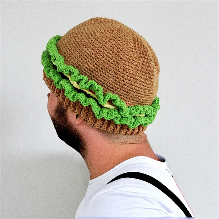 SZ1108 Cute Costume Novelty Hamburger Hats Handmade Crochet Knitted Beanie Caps Thermal Warm Funny Bread Hats for Party