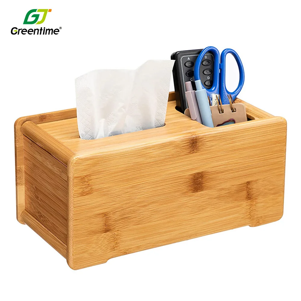 Wholesale Multifunction Modern Wooden Bamboo Desktop Tissue Box With Remote Control Organizer For Living Office Room