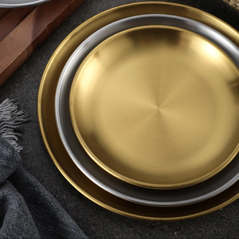 Custom Logo Korean Stainless Steel Barbecue Plate 14cm 17cm 20cm 30cm Round Tray Serving Dishes Plates