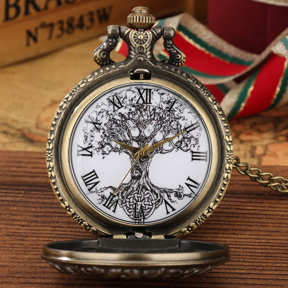 Souvenir Chain Clock Vintage Bronze Hollow Necklace Pocket Watch With Tree Of Life Pendant