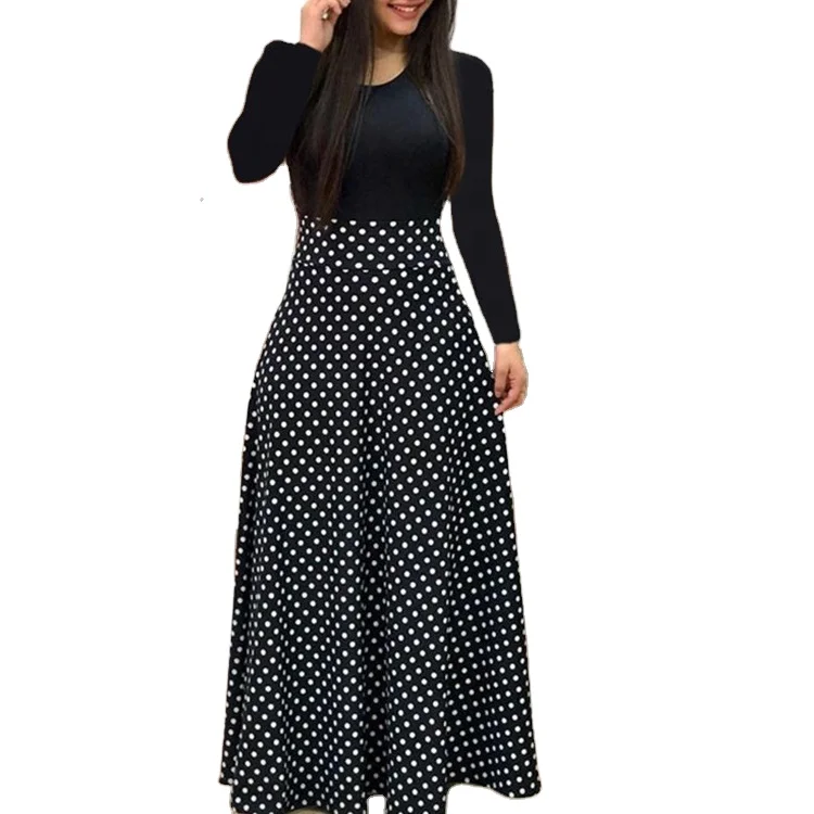 Оптовая продажа, весеннее винтажное облегающее длинное платье с длинным рукавом и круглым вырезом, женские юбки