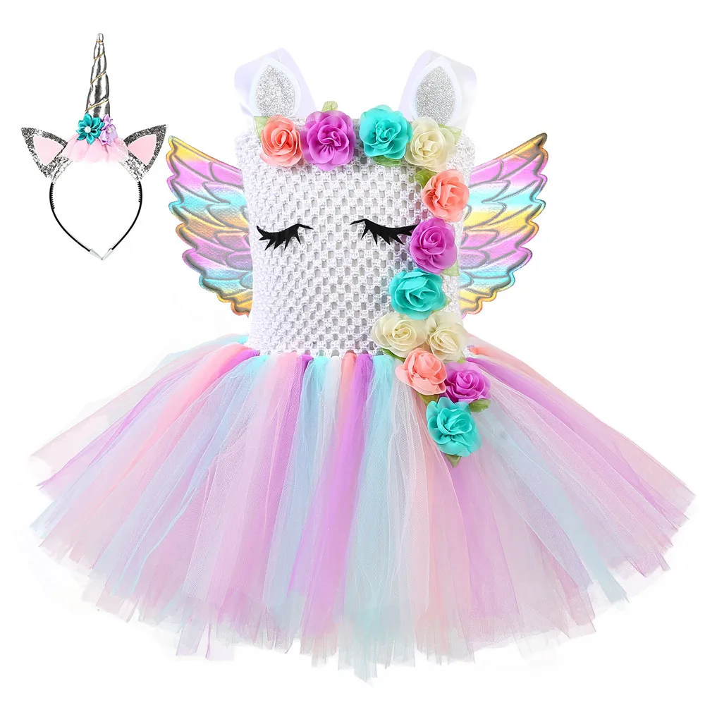 Fashionable Unicorn Mesh 2 To 12 Years Summer Party Tutu Dresses For Baby Girls