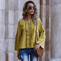 Hot Sale Solid Color Printed Floral Loose Flared Long Sleeves Yellow O-neck Women Casual Blouse